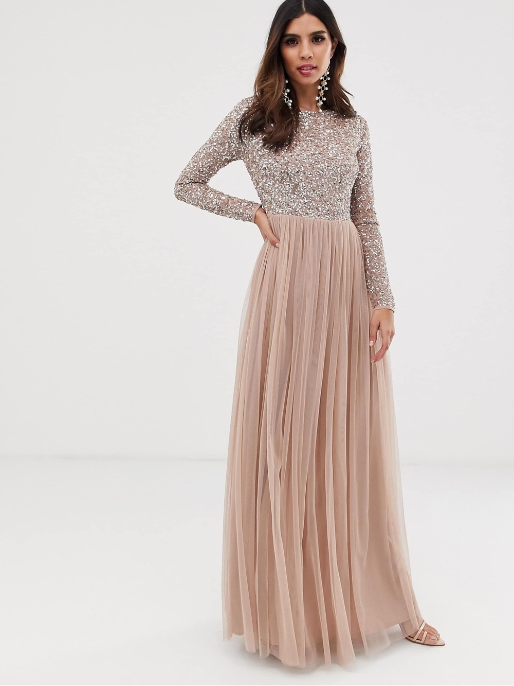 ASOS Maya Bridesmaid Long Sleeve Sequin Bodice Maxi Tulle Dress in Nude Blush